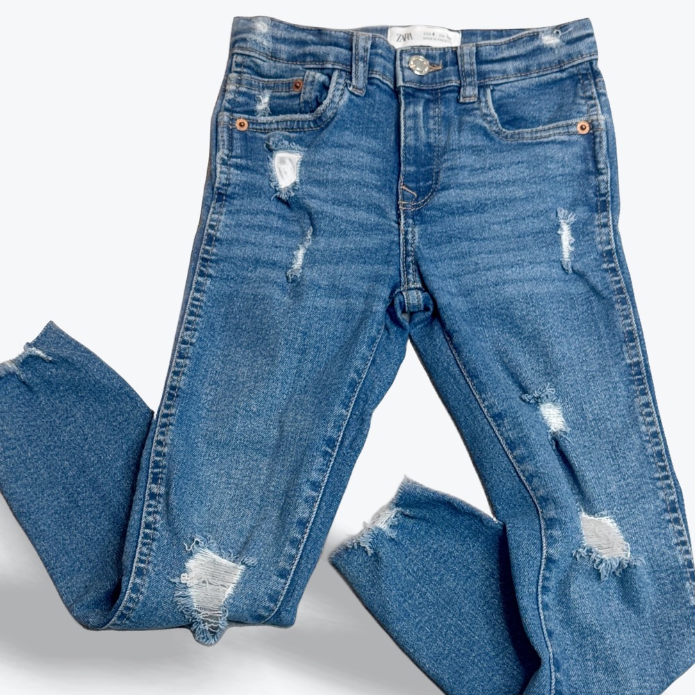 Zara Kids Denim Jeans Distressed Ripped Frayed Hem Blue Girls Size‎ 8 128cm
